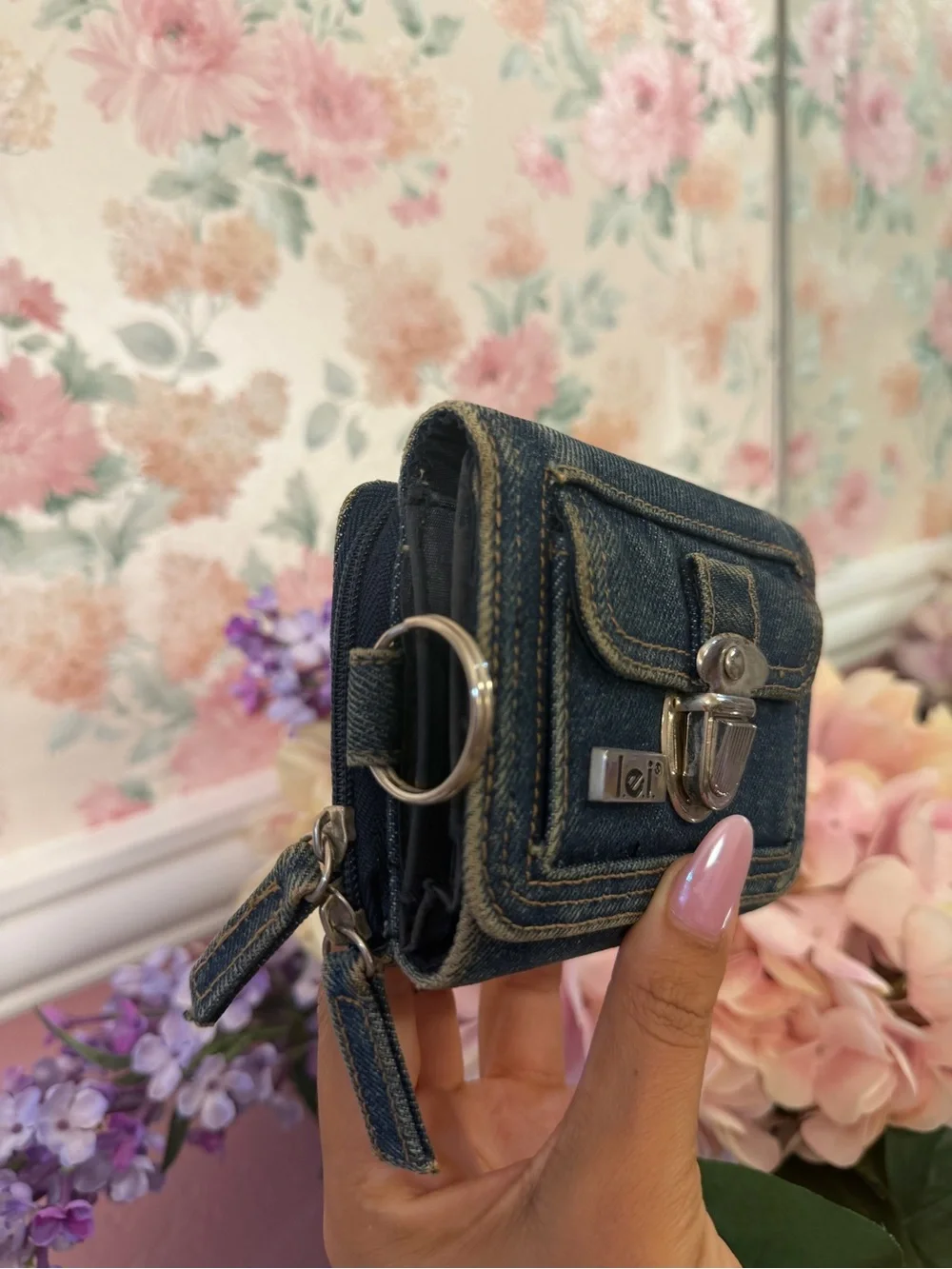 lei Denim Mini Wallet - Dark Blue with Silver Hardware